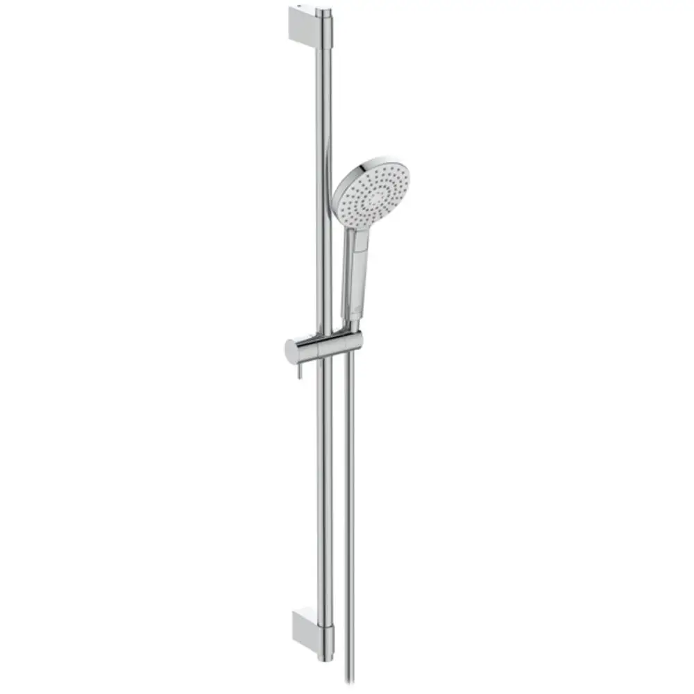 Brausekombination von Ideal Standard mit einer Handbrause, montiert auf einer vertikalen Stange. Die Oberfläche ist in Chrom gehalten.